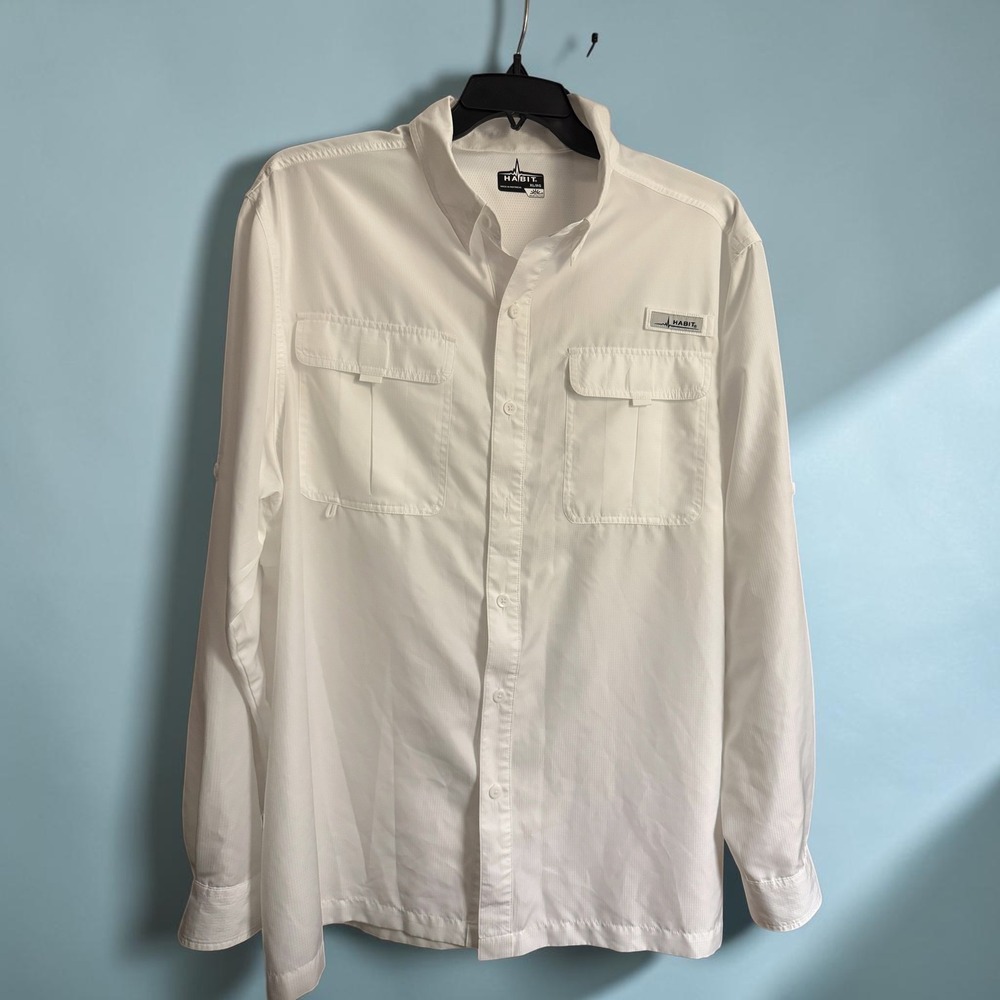 Habit Men's XL White Fishing Shirt UPF 40+ Solar Factor Vented Long Sleev